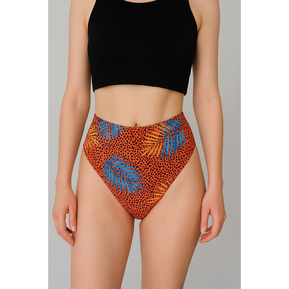 Raisins Orange High-Waist Bikini Bottom with Blue Leaf Print